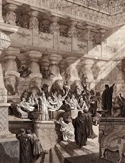 Christian Bible Illustration Stampe: Daniel Interpreting the Writing on the Wall, by Gustave Dore. Dore, 1832 - 1883, French