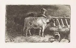 Small Farm Animals Stampe: Farmer between two cows in a stable (small version), Jan Vrolijk, 1860 - 1894