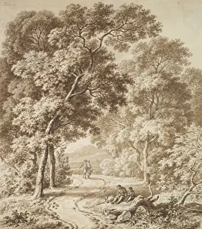Late 18th Century Drawings Stampe: Path Bordered Trees two Beggars Couple Strolling