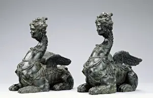 Italian Bronze Sculptures Stampe: Two Sphinxes (Accompanied by a Pair of Volute Scrolls)