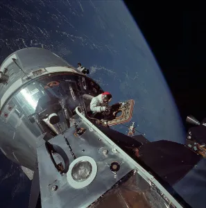 NASA Space Exploration Stampe: Apollo 9 Command and Service Modules and Lunar Module with Earth in background
