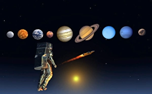 Planetary Science Images Stampe: An astronaut exploring our solar system of planets using rocket technology