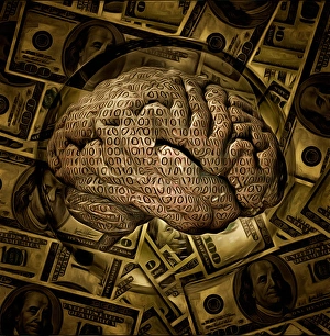 Cervello binario in cristallo con dollari sullo sfondo.
