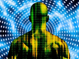 Binary Code Concept Stampe: Binary code streaming and man