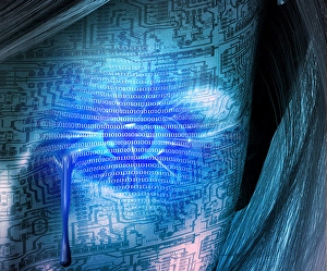 Artificial Intelligence Concept Stampe: Cyborg woman cries. Binary code, circuit pattern