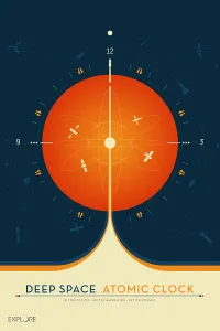 Space Science Illustration Stampe: Deep Space Atomic Clock poster, orange version