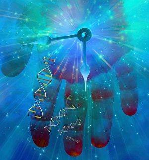 Double Helix Model Stampe: DNA Human Clock. 3D rendering