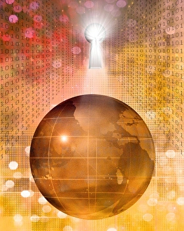 Electronic Data Protection Stampe: Earth, binary code and key hole