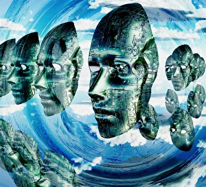 Artificial Intelligence Technology Stampe: Electronic Faces hovers. 3D rendering