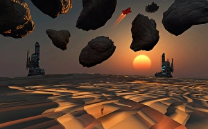 Futuristic Space Art Stampe: Futuristic technology, mining an asteroid field