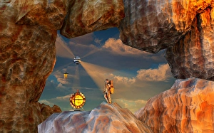 Space Exploration Art Stampe: A human astronaut exploring & mining an asteroid