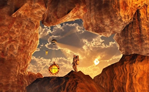 Space Exploration Art Stampe: A human astronaut exploring & mining an asteroid