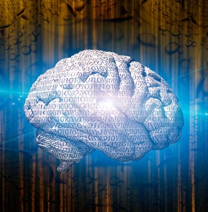 Artificial Intelligence Concept Stampe: Human brain with binary code