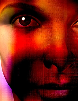 Digital Communication Network Stampe: Human face technology. Binary code