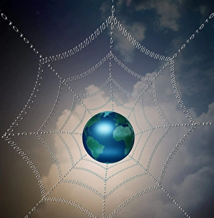 Global Network Connection Stampe: Internet represented by web of binary