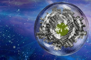 Futuristic Cityscape Stampe: Large city ship orbits in space