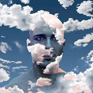 Brainstorming Ideas Stampe: Mans head in clouds