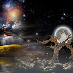 Full Moon Landscape Stampe: Full moon and old tree in clouds