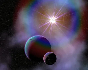 Futuristic Space Art Stampe: Binary worlds orbiting each other