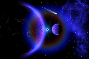 Outer Space Images Stampe: A wandering comet passing a pair of binary planets