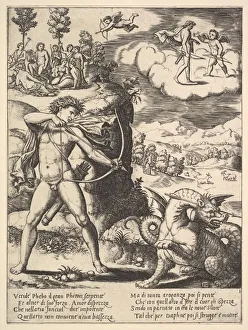 Black And White Italian Art Stampe: Apollo standing at left shooting a python with an arrow, above to the left are the muse