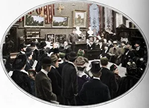 Colourised Black And White Print Stampe: Auction in progress at Phillips auctioneers, London, c1901 (1901)