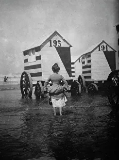 Black And White Beach Scenes Stampe: Bathing machines, Ostend, between c1910 and c1915. Creator: Bain News Service