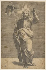 Black And White Christian Images Stampe: Christ standing facing forward, holding a cross with a banner and raising his left