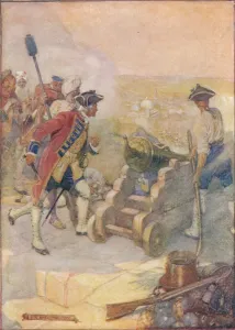 British Empire Expansion Stampe: Clive Fired One of the Guns Himself, c1908, (c1920). Artist: Joseph Ratcliffe Skelton