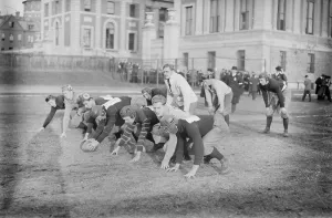 American Football Player Stampe: Columbia upper class elevan, between c1910 and c1915. Creator: Bain News Service