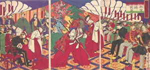Meiji Period Artwork Stampe: Commanders Receiving the Emperors Drinking Cups, 1886 (Meiji 19)