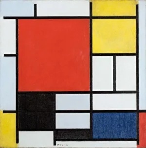 Stampe di Composizione con grande piano rosso, giallo, nero, grigio e blu, 1921. Trovata nella collezione del Gemeentemuseum Den Haag Piet Mondrian Stampe: Composizione con grande piano rosso, giallo, nero, grigio e blu, 1921. Creatore: Mondrian.