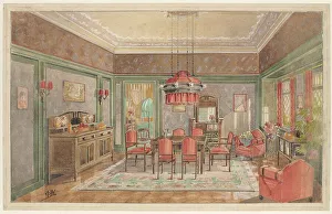 Dutch Watercolour Painting Stampe: Dining room with red chairs, c.1925. Creator: Monogrammist HK