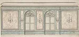 British Building Design Stampe: Elevation of a Wall with Two Windows and Five Wall Lights, 19th century. Creator: Anon