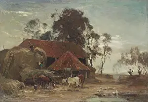 Agricultural Landscape Art Stampe: Evening - Building the Stack, c1870-1920. Creator: James Lawton Wingate