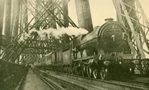 British Engineering Wonders Stampe: An Express Train Crossing the Forth Bridge, c1930. Creator: Leslie J. Thompson