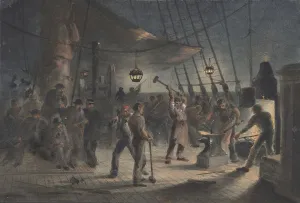 Atlantic Ocean Cable Laying Stampe: The Forge on Deck, Night of August 9th: Preparing the Iron Plating for Capstan, 1865-66