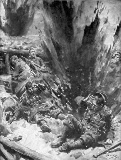 Trench Life During WW1 Stampe: A German Shell Explodes in a British Trench, 1914, (1926). Artist: Arthur C Michael