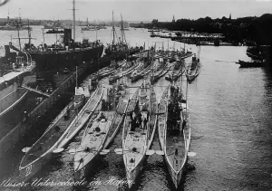 World War One Naval History Stampe: German Submarines in harbor, between c1914 and c1915. Creator: Bain News Service
