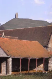 Glastonbury Tor Landscape Stampe: Glastonbury Tor and Ancient Tithe Barn, Somerset, 20th century. Artist: CM Dixon