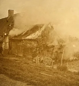 World War One Destruction Stampe: House hit by a shell, c1914-c1918