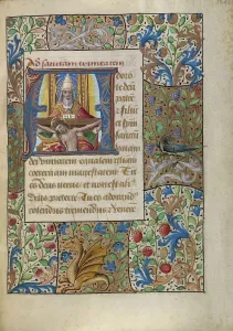 Netherlandish Heritage Art Stampe: Initial A: The Trinity; Book of Hours, about 1480-1490. Creator: Georges Trubert