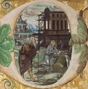 Illuminated Manuscript Examples Stampe: Initial D: Noah Directing the Construction of the Ark; Antiphonal