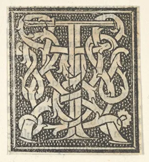 Art Centre Gallery Images Stampe: Initial letter T on patterned background, 1520. 1520. Creator: Anon