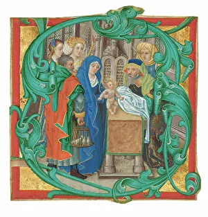 Gold Leaf Artwork Stampe: Initial S: The Presentation in the Temple, about 1475-1500. Creator: Unknown