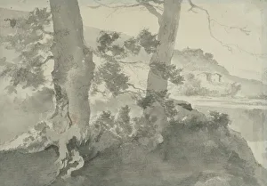 Netherlands Landscape Artists Stampe: Landscape with two tree trunks in the foreground. Creator: Adam Pynacker