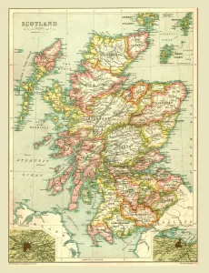 Stampe di Mappa della Scozia, 1902. Mostra le varie contee e isole comprese le Ebridi, le Shetland e l'Orkney, e un insetto delle reti ferroviarie di Glasgow ed Edimburgo. Da The Century Atlas of the World Mappa Stampe: Mappa della Scozia, 1902. Creatore: Sconosciuto