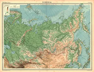 Stampe di Mappa della Siberia. Mappa che mostra la Russia orientale, il Mongolia, il Mare di Ochotsk e la penisola di Kamčatka. Tavola 67 dall'Atlante dei Tempi Mongolia Stampe: Mappa della Siberia