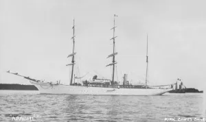 Sailing Ships In England Stampe: The three masted auxiliary barque Apache. Creator: Kirk & Sons of Cowes
