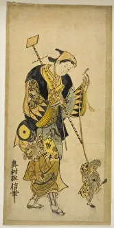 Heritage Animal Artwork Stampe: A Monkey Trainer and His Monkey, c. 1725. Creator: Okumura Masanobu